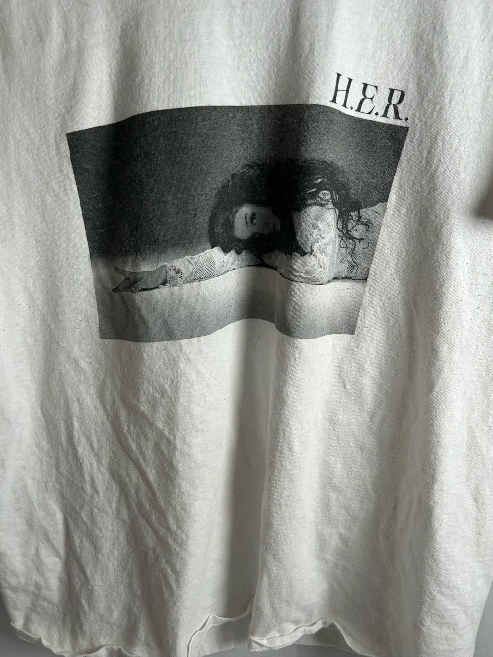 White Graphic Home Art Poster-Style Print Tee shirt of H.E.R.